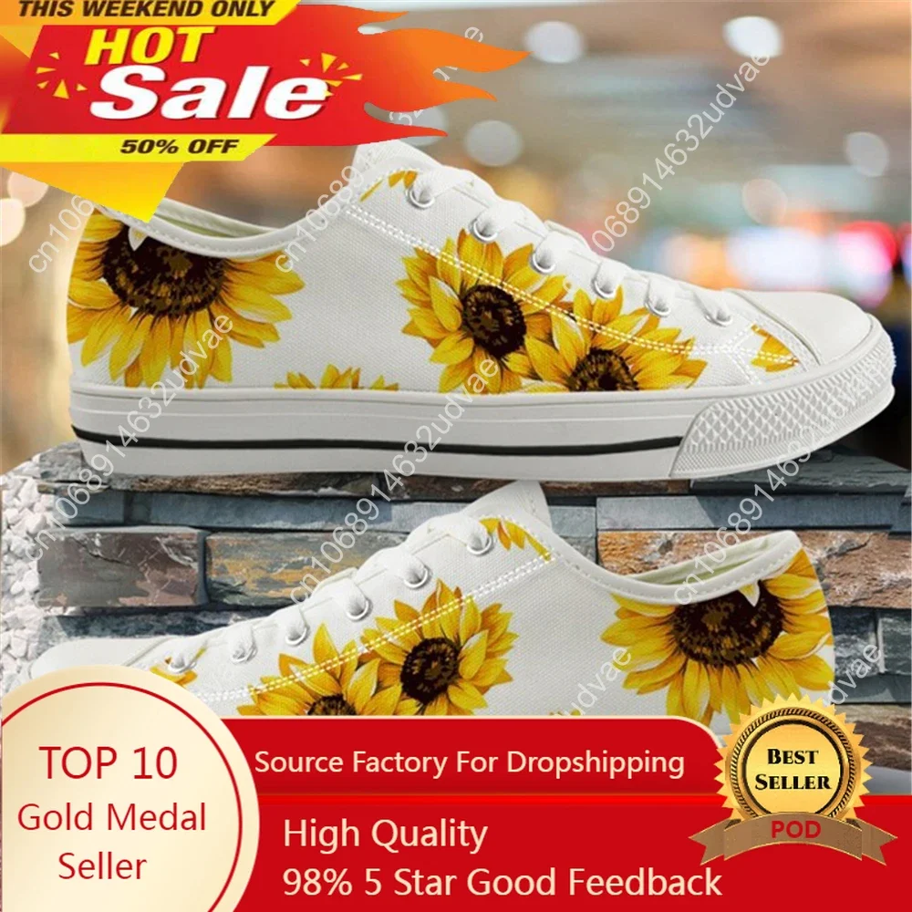 

Sneakers For Woman Beautiful Yellow Flower Sunflower Low Top White & Black Canvas Shoes Designer Lady Shoes Zapatos Para Mujeres