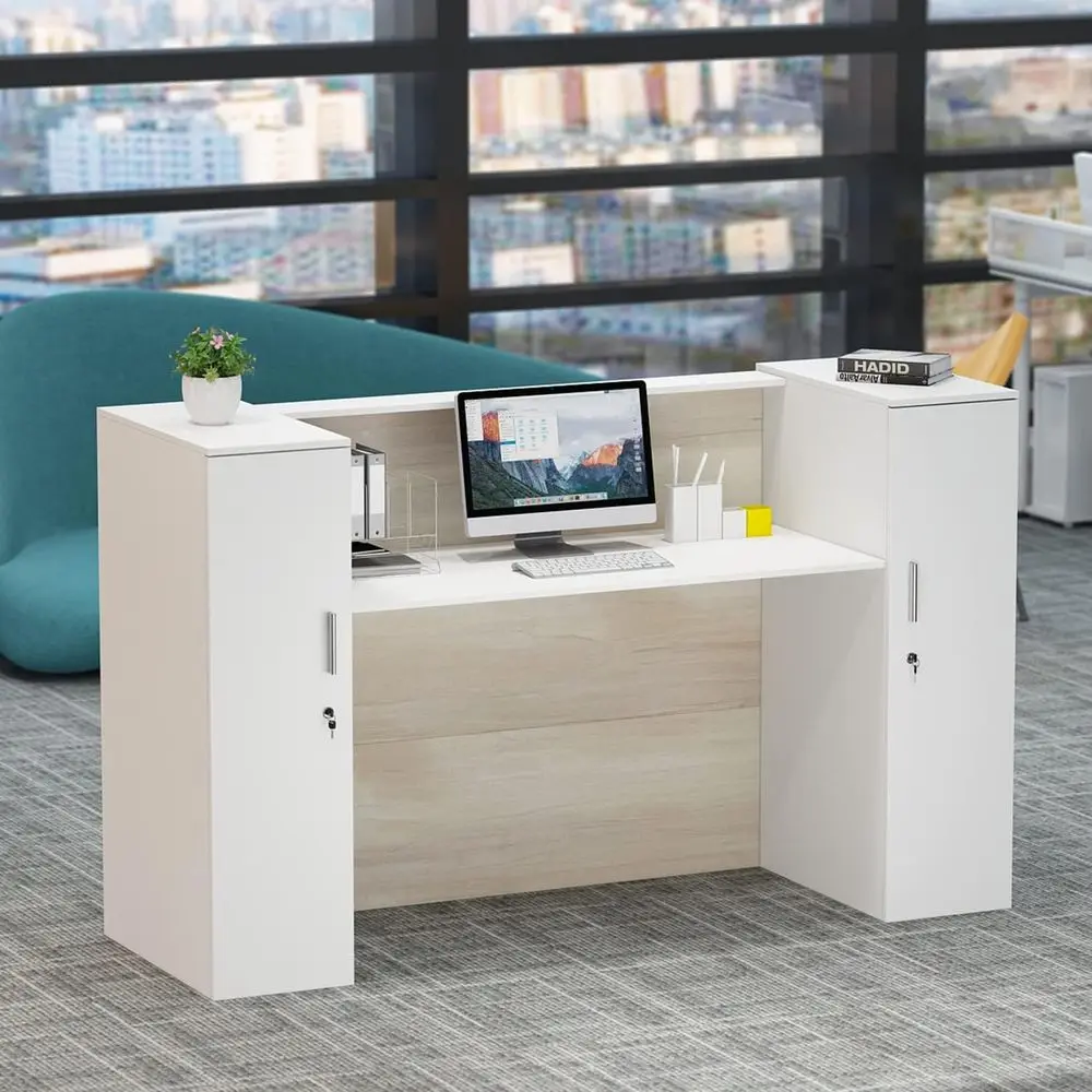 

Contemporary Office Desk with Lockable Doors and Storage, 70.9L x 23.6W x 43.3H, Wooden Computer Desk in White and Brown