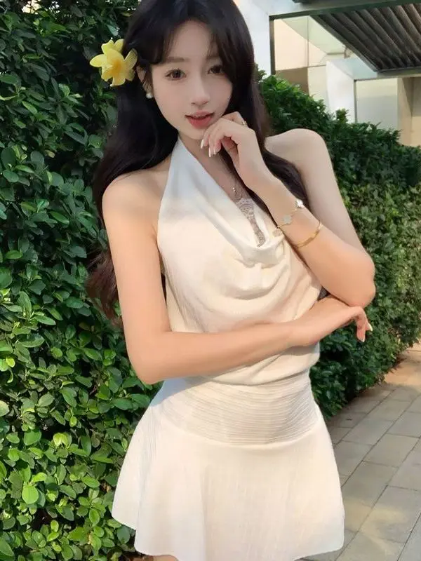 Summer White Moonlight First Love Halter Neck Lace Fake Two-Piece Dress Pure Desire Waist-Cinching Slim A-Line Short Skirt Women