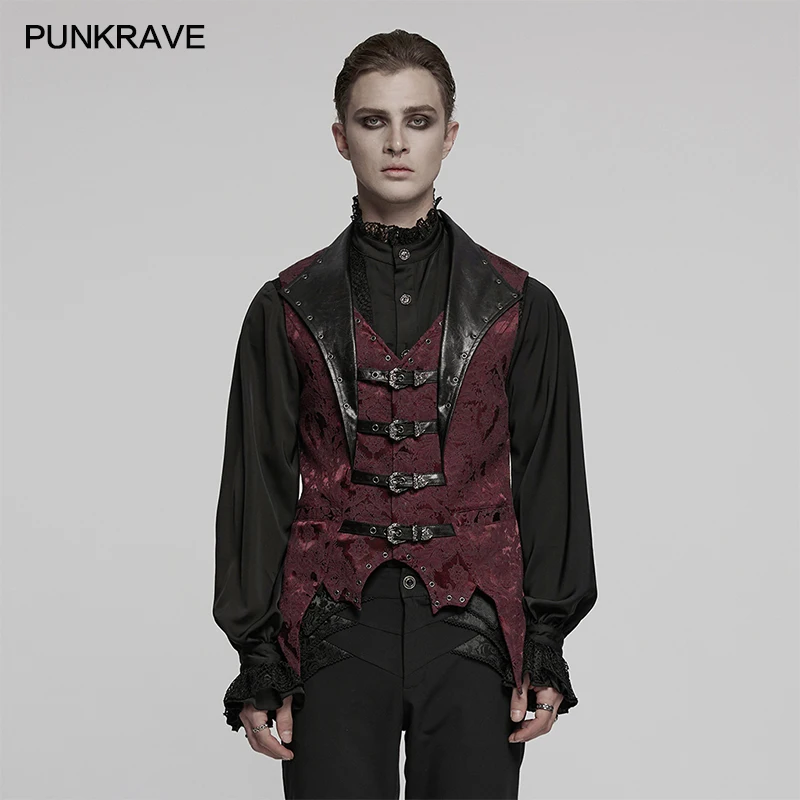 PUNK RAVE Men's Gothic Gorgeous Nobility Jacquard Lapel Textured Leather Vest Bat Shaped Hem Power Sense Waistcoat