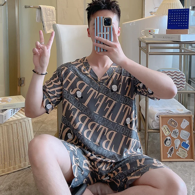 

Модная Пижама, Мужская молодежная Пижама с коротким рукавом и V-образным вырезом, комплект из двух предметов серого цвета с мультяшными надписями и звеньями, дышащая домашняя одежда