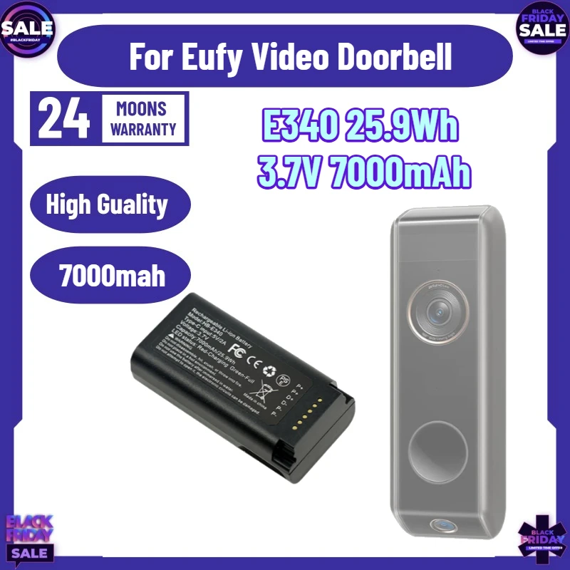 New E340 25.9Wh 3.7V 7000mAh Rechargeable Battery USB-C Charge New High Quality for Eufy Video Doorbell