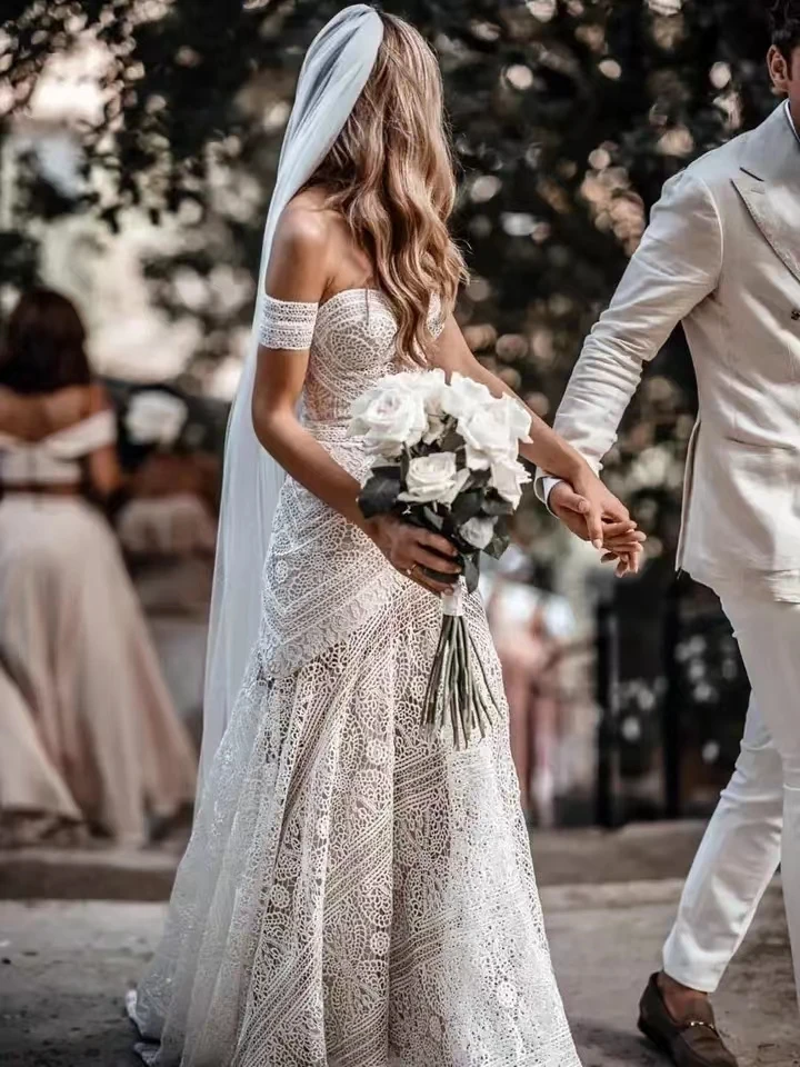 Vestidos de novia de sirena de encaje Sexy con manga extraíble, vestidos de novia de playa de tren de barrido personalizados