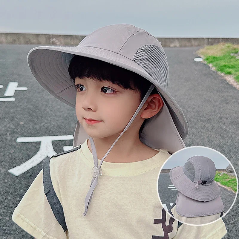 

100% Polyester Spring/Summer Outdoor Sunscreen for Boys and Girls Big Brim Shawl Neck Protection Fisherman's Hat