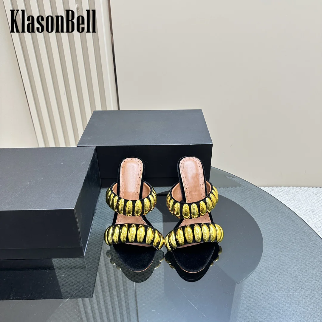 7.3 KlasonBell Female 2024 New Velvet Metal Decoration Women Slippers T-Strap Thin High Heel Sheepskin Sandals