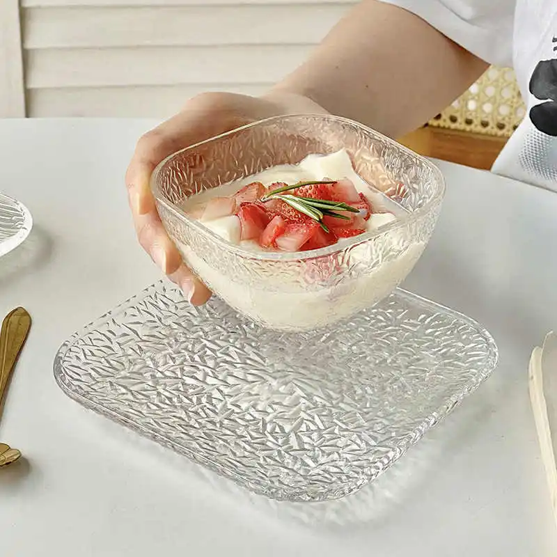 Juego de taza y platillo de cristal cuadrado transparente de 270ml, tazón de postre para el hogar, plato de fruta de alta belleza, tazón de desayuno de yogur