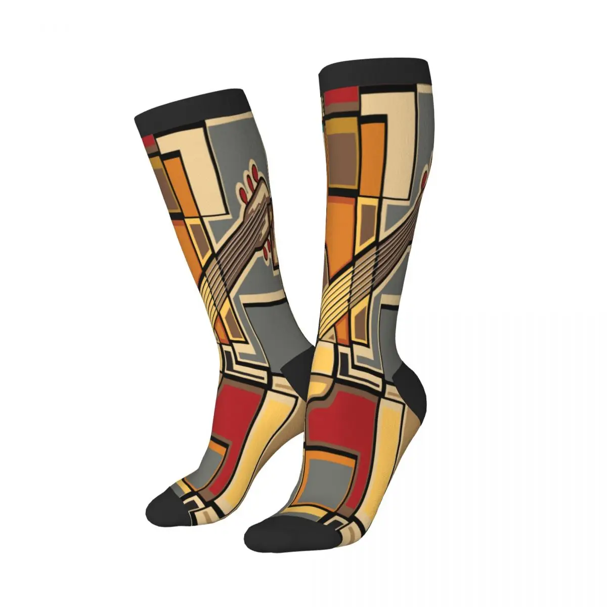 Unisex Socks Funky Fractal Geometric Square Shaped Background With Acoustic Guitar Art Casual Harajuku Business Socks