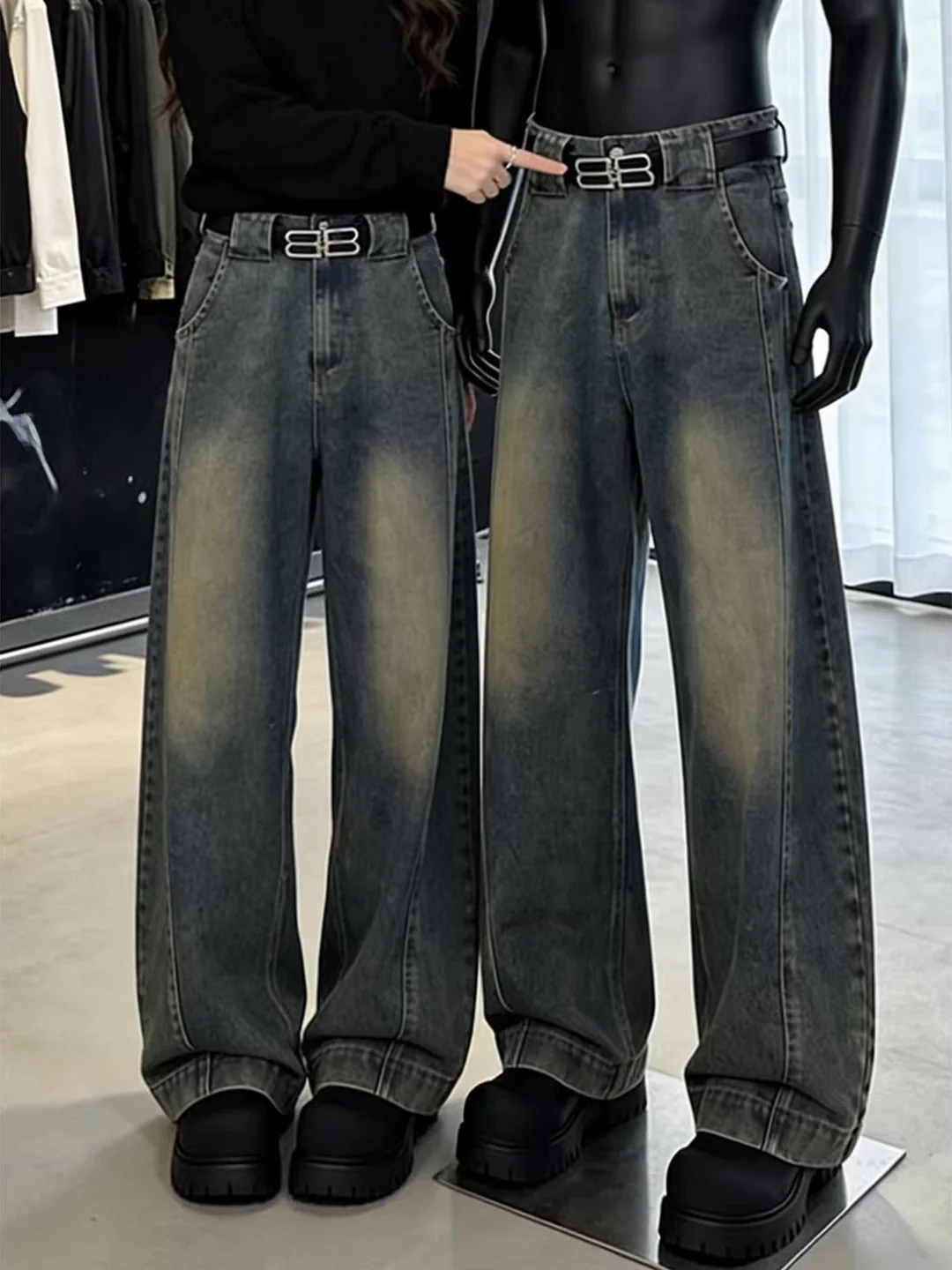 

American Retro Blue Waed Knife Jeans Men Loose Slimming Flared Pants CleanFit Patchwork Wide Leg Pants