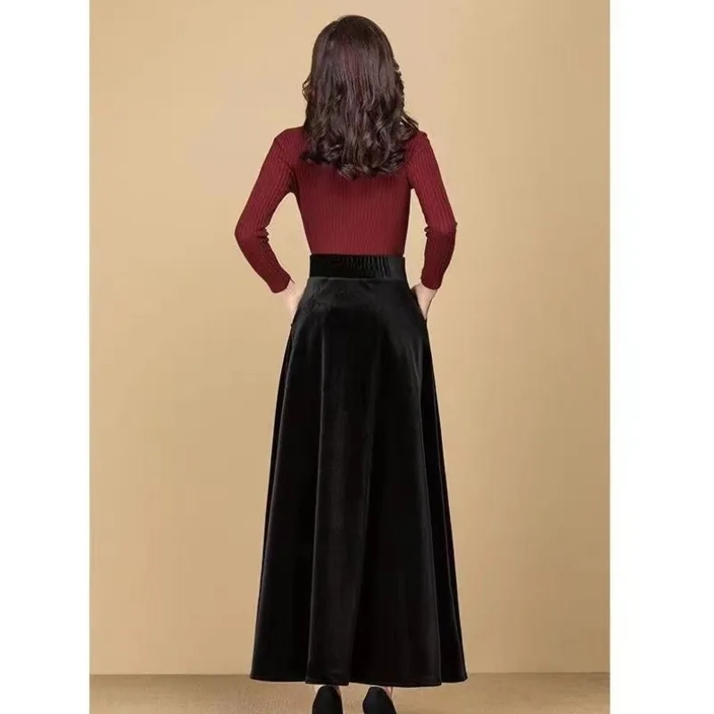 Autumn and Winter Women's Half Length A-line Fashion Gold Velvet Versatile Slim Fit Casual High Waist Slim Fashion Long Dress