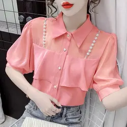 Sweet Solid Color Patchwork Shirt Summer Female Single-breasted Elegant Ruffles Chic Pearl Chain Fashion Polo-Neck Blouse 2023