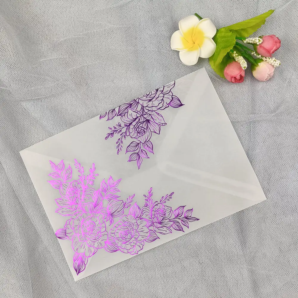 25X Silver Purple Red  Blue Rose Gold Flower Foil Bronzing Transparent Envelopes Clear Litmus Paper For A7 Wedding Invitation