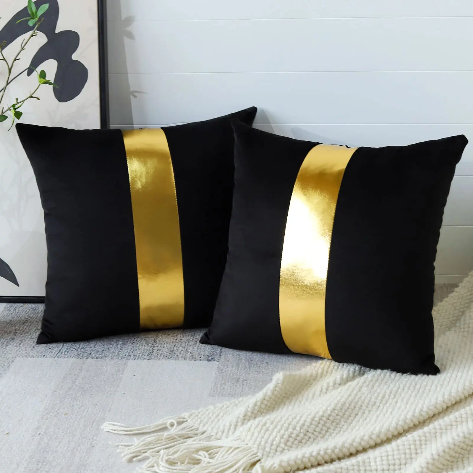 

Velvet Throw Pillow Covers with Gold Leather Stitching Luxury Modern Minimalist Pillowcase Cushion Cover for Sofa Couch Set of 2