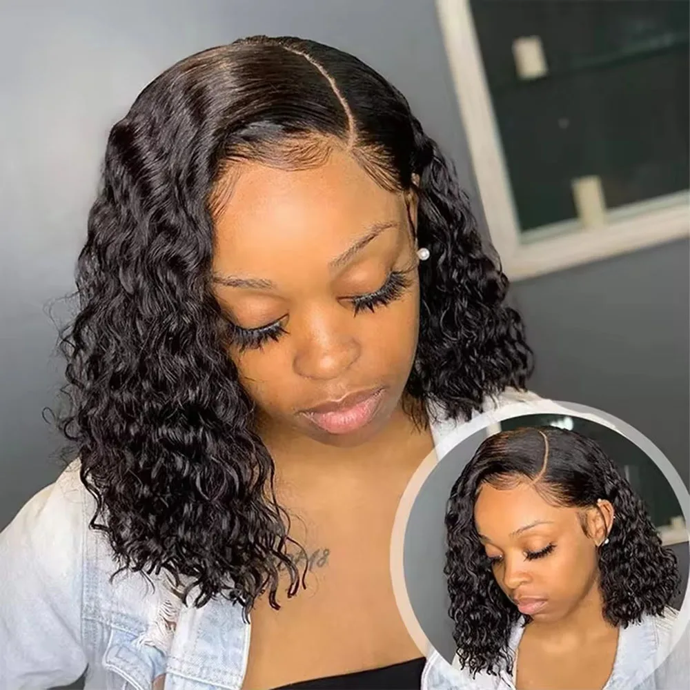 Deep Wave 180% Density Pre-Plucked Side Part Short Bob 13x4 Lace Frontal Brazilian Virgin Human Hair Wigs For Black Woman