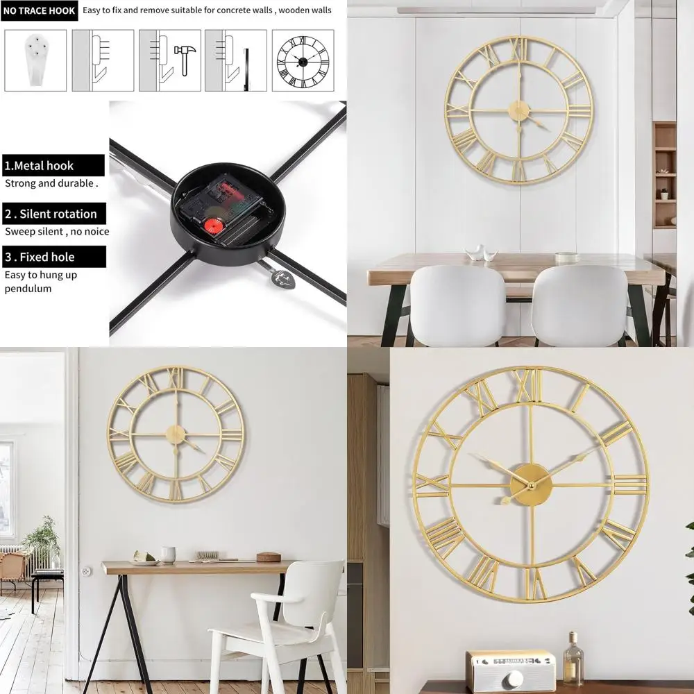 

24 Inch Gold Roman Numeral Wall Clock - Silent, Modern, Easy Read for Home/Office/School Decor