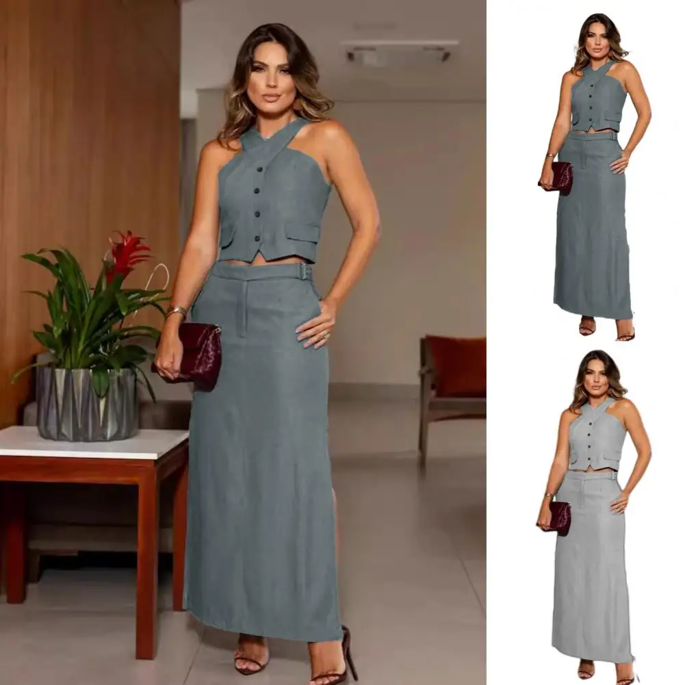 Women Two-piece Set Elegant Halter Neck Vest Maxi Skirt Set for Women Backless Top with High Waist Side Split Skirt for Commute