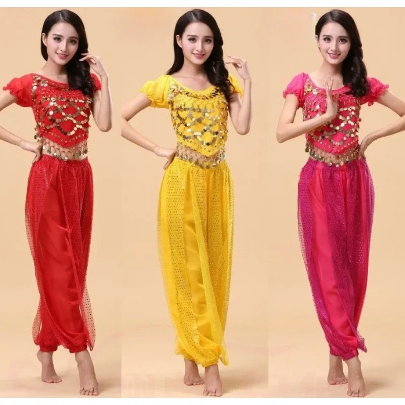 벨리 댄스 인도 댄스 의상 성인 여성용 볼리우드 인도 이집트 시폰 사리 신부 벨리 팬츠 댄스 연습 세트