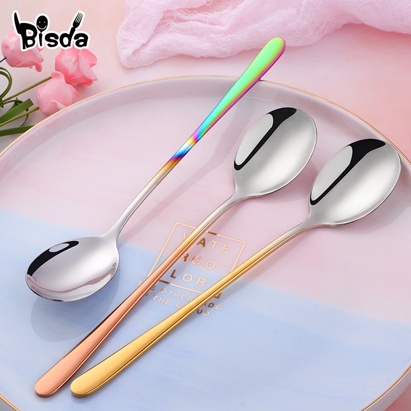 Korean Spoon with Long Handle, Stainless Steel Dinner Spoon,Gold Soup Spoon, Dessert, Ice Scoop, Kitchen, Rice, Salad Spoon