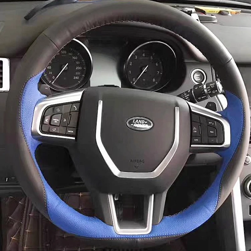 

Для Land Rover Discovery Sport 2015 2016 2017 2018, прошитый вручную черный, синий чехол на руль автомобиля из натуральной кожи