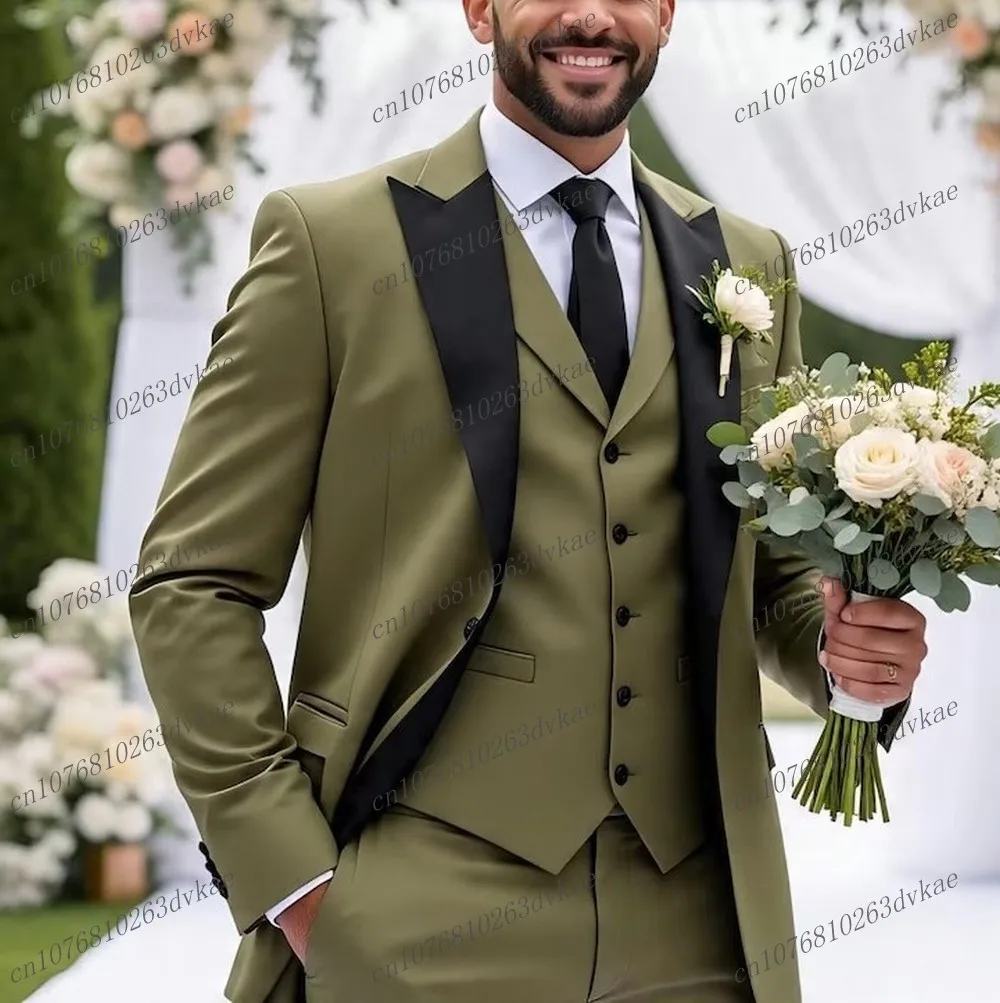 

Черный воротник, армейский зеленый мужской костюм, свадебная вечеринка, формальный жених, жених, выпускной, деловой мужской смокинг, комплект из 3 предметов, куртка, жилет, брюки
