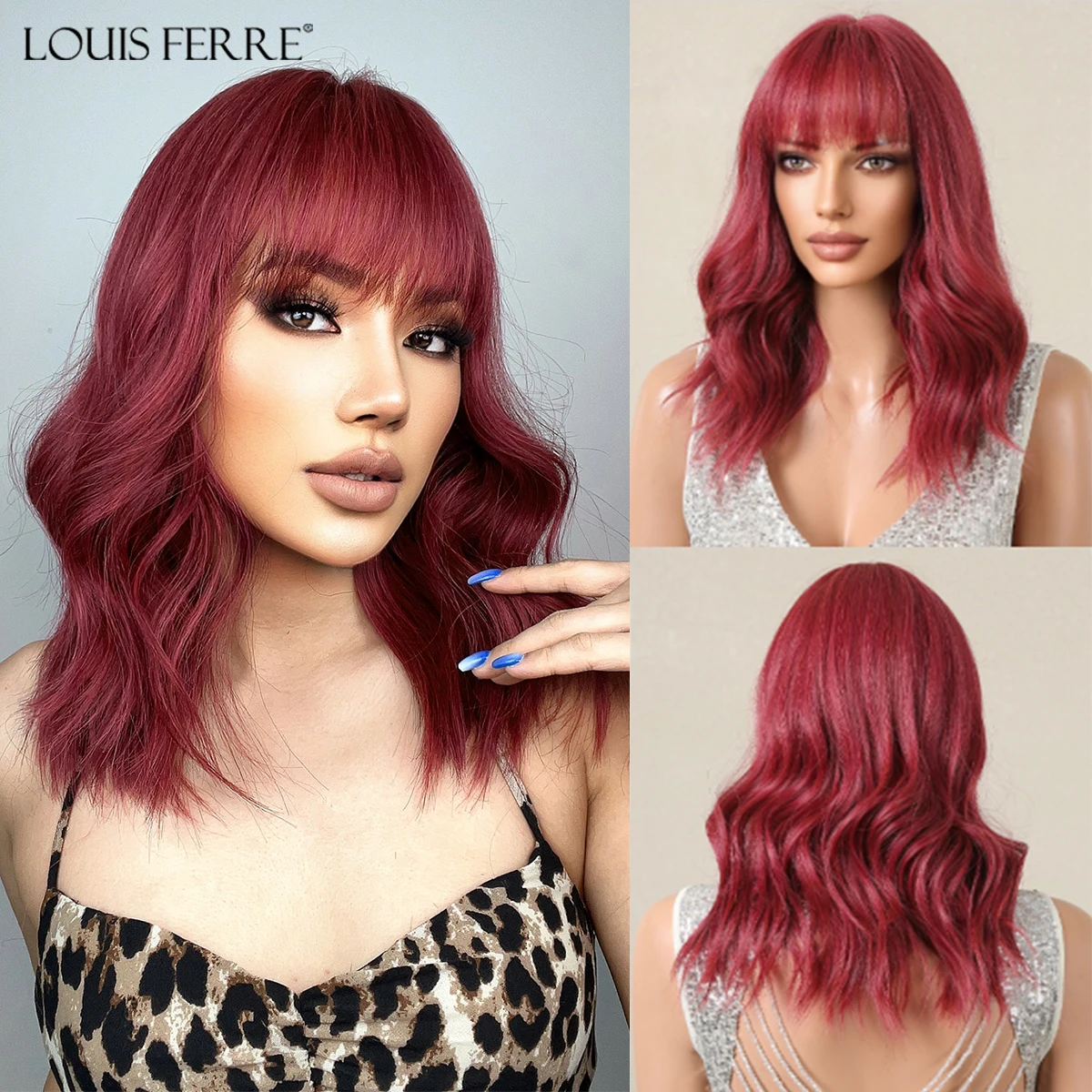 LOUIS FERRE Red Short Wavy Synthetic Wigs for Women for Women Natural Wave Bob Wigs With Bangs Lolita Cosplay Heat Resistant Wig