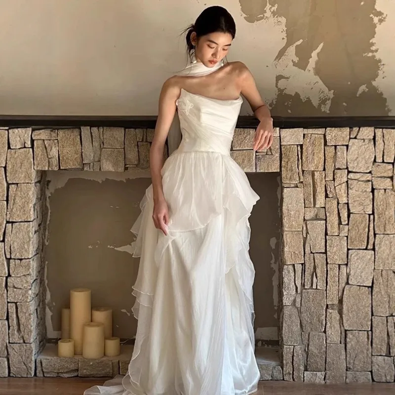 

French Strapless Light Wedding Dress,bride's Morning Gown, Travel Photography,forest Style Evening Gown,wedding and Outdoor Veil