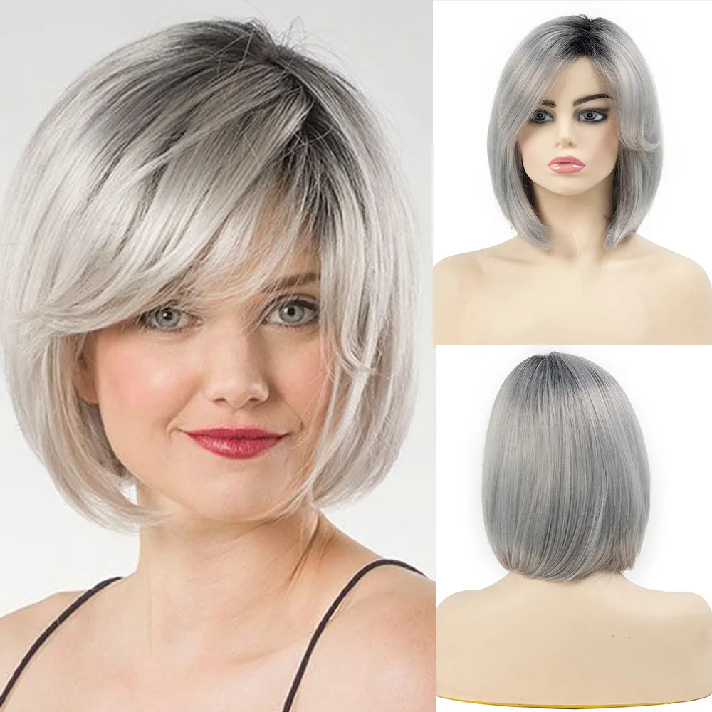 

European and American wigs women oblique bangs short straight hair Bobo head gray gradual change fashion natural chemical fiber