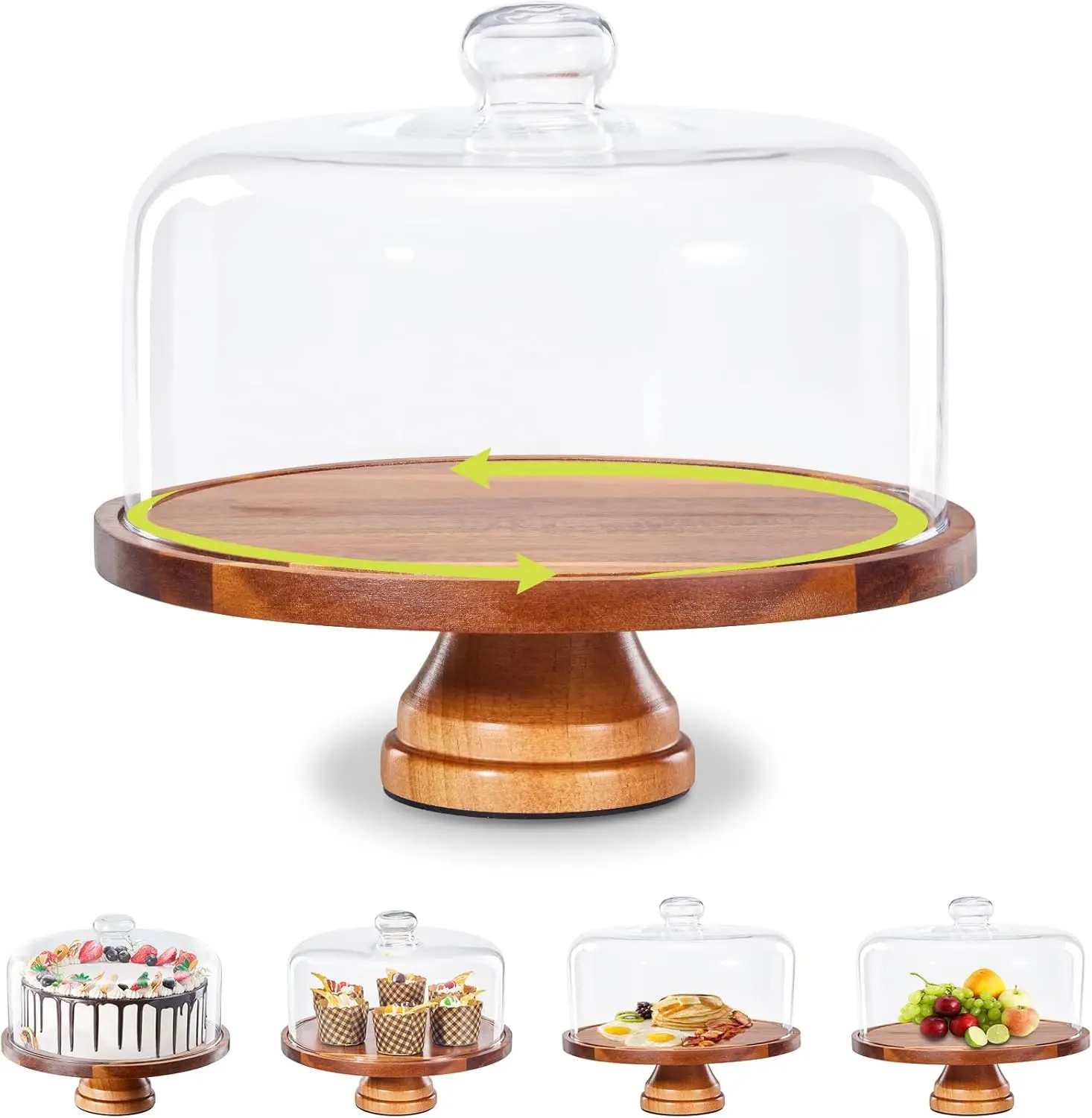 

11-Inch Rotating Wooden Cake Stand with Glass Dome Lid, Display Tray for Parties and Kitchen