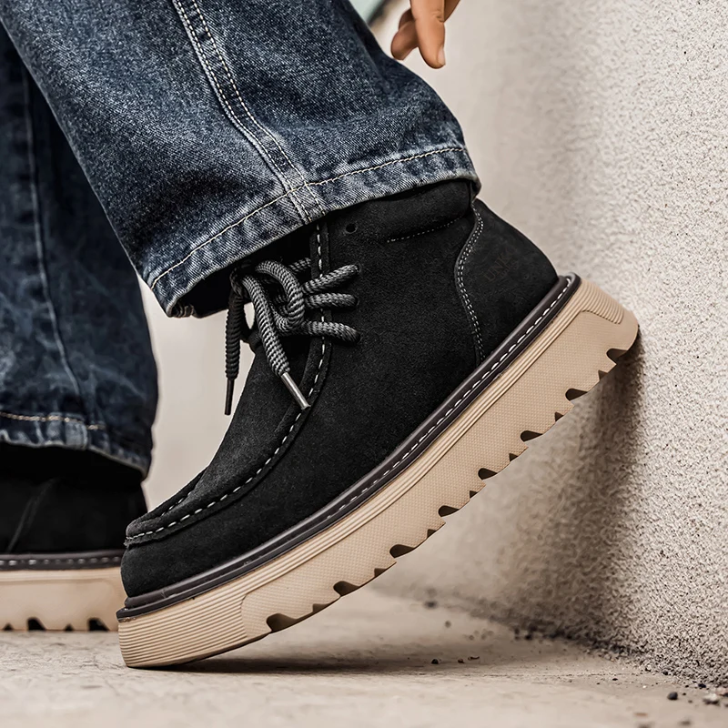 Retro Suede Leather Boots Men High Top Sneakers Platform Comfortable Men's Ankle Boots Non-slip Working Shoes botas para hombre image 6
