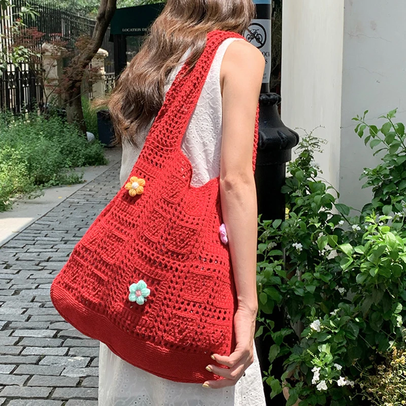 

Дизайнерская вязаная сумка-тоут с цветочным узором, большая вместительная женская летняя пляжная сумка через плечо, ажурная сумка-кошелек