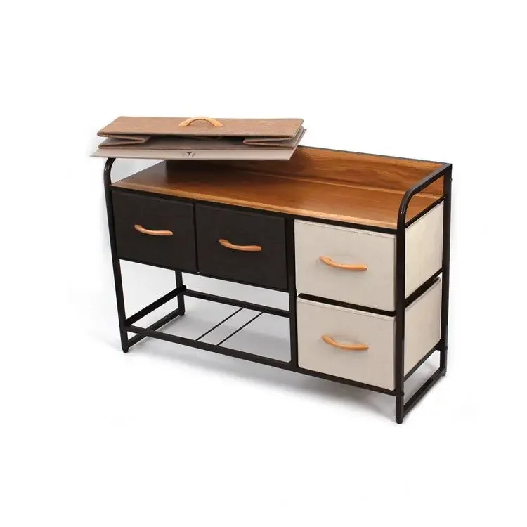 Iron Frame Fabric Dresser with Drawer, Closet Storage Drawers, Metal Frame, Wood Top, Wide Dresser, Living Room Cabinets