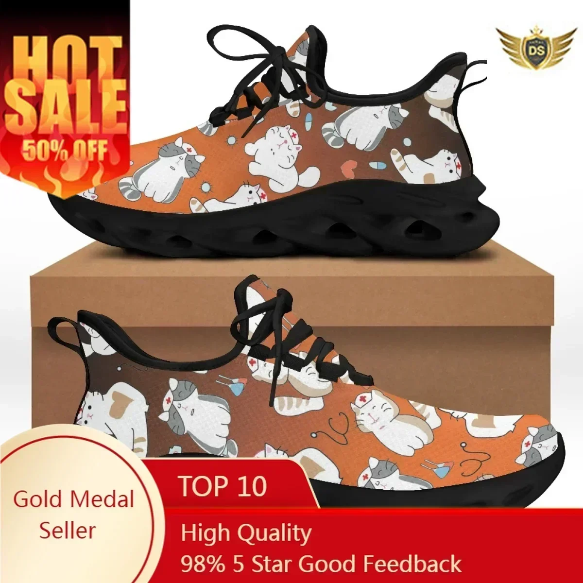 

Cute Cat And Medical Tools Cartoon Female Flat Shoes ECG Cats With Mask Printed Women Mesh Sneakers Free Athletic Shoes