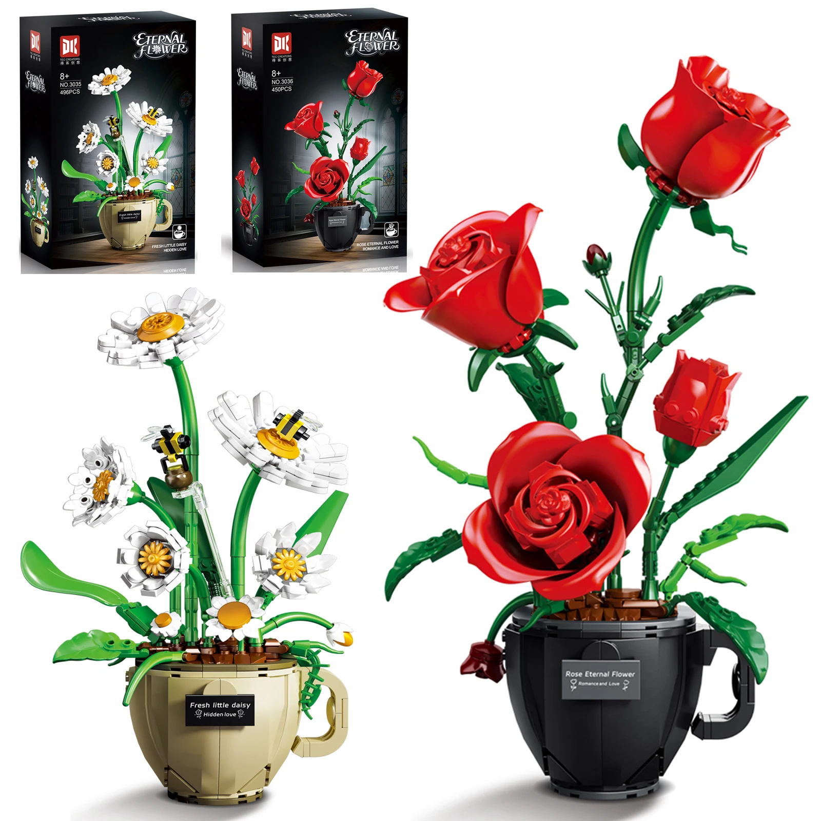 محاكاة ديزي/نبات الورد نموذج اللبنات تجميعها فنجان القهوة تصميم وعاء باقة زخرفة زهرة MOC الطوب اللعب الهدايا