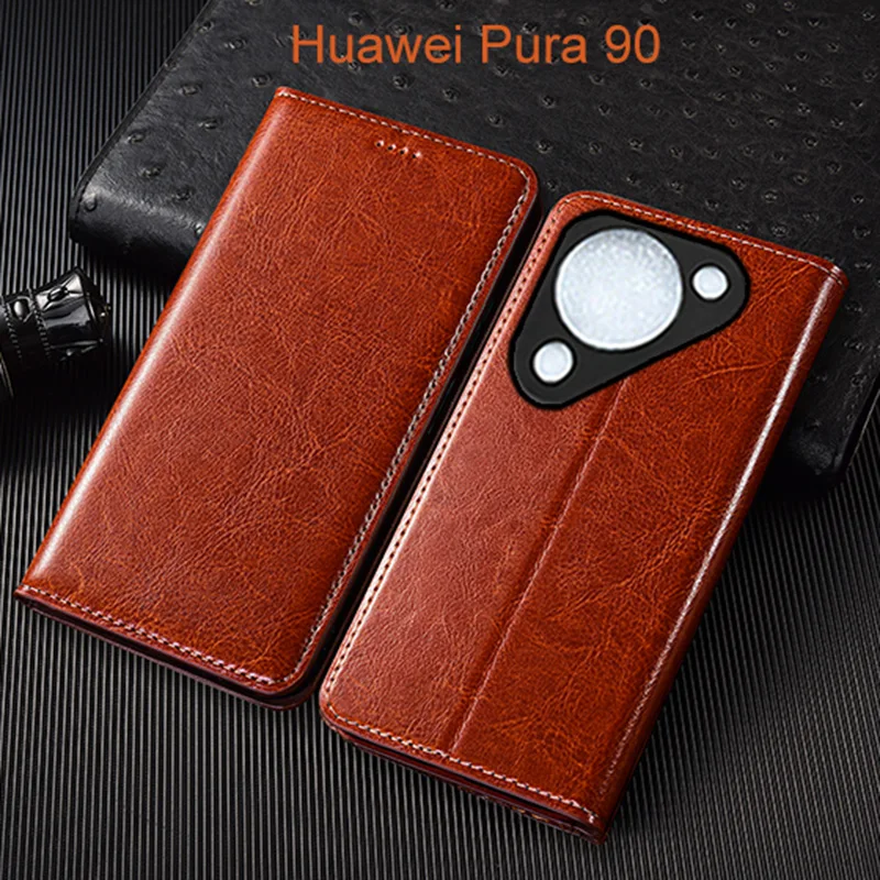 

Crazy Horse Genuine Leather Flip Case For Huawei Pura 90 Pro Max Phone Cover Card Cases Scratch Proof