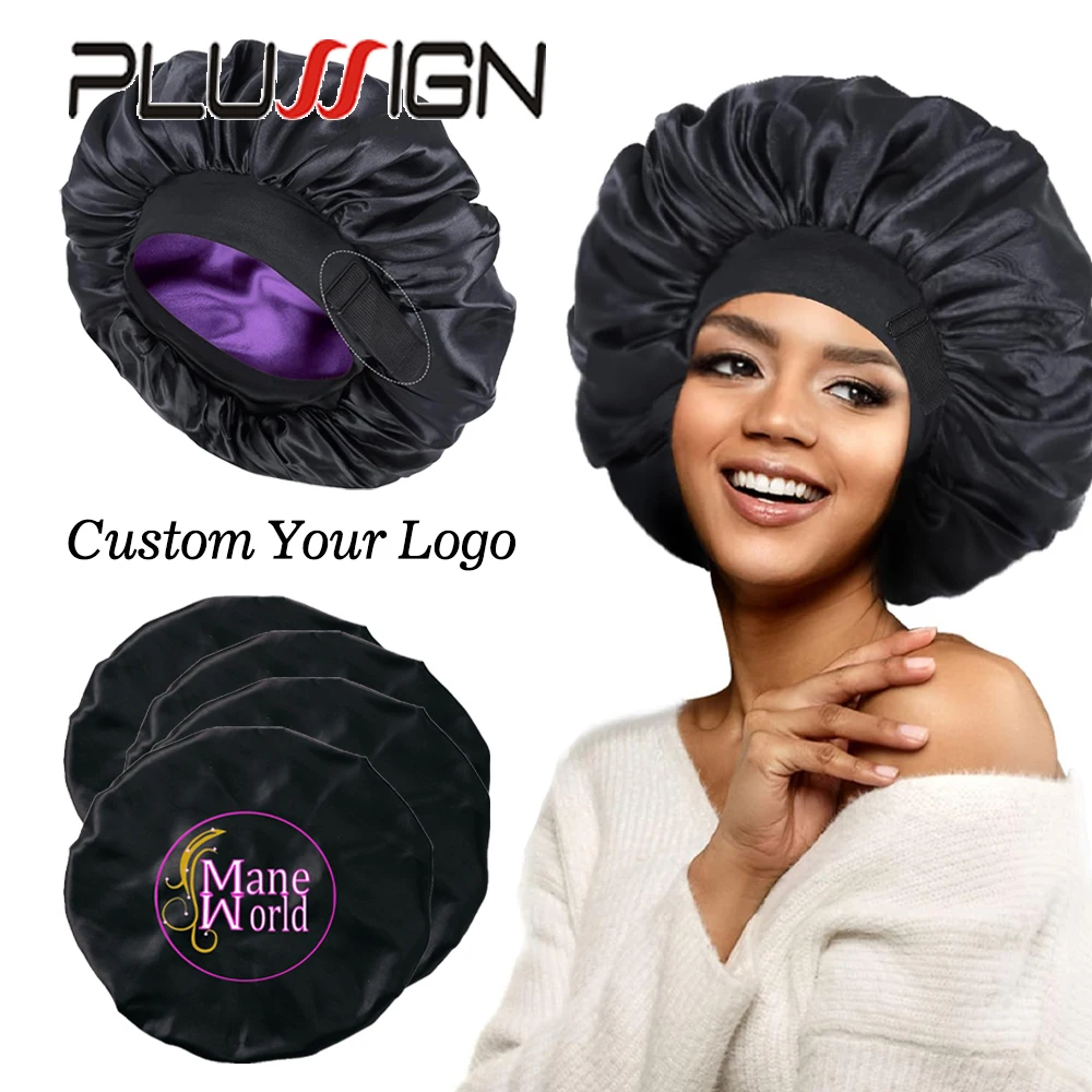 

Двухслойная шапочка для сна на атласной подкладке с вашим текстом/логотипом, атласные чепчики для женщин, регулируемые чепчики для ухода за прически