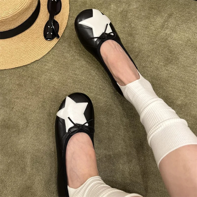 Damen Ballerinas Stern Schleife Gesteppte Slippers Flache Schuhe Runde Spitze Weich Bequem Freizeitschuhe Modische Halbschuhe für Damen – Detail 4