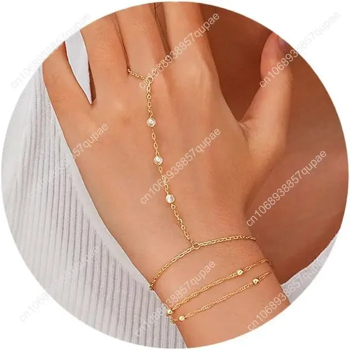 

ME Hand Chain Bracelet Set 14K Gold Plated Durable Gold Bracelets for Women Adjustable Finger Bracelet Hand Jewelry with Exte