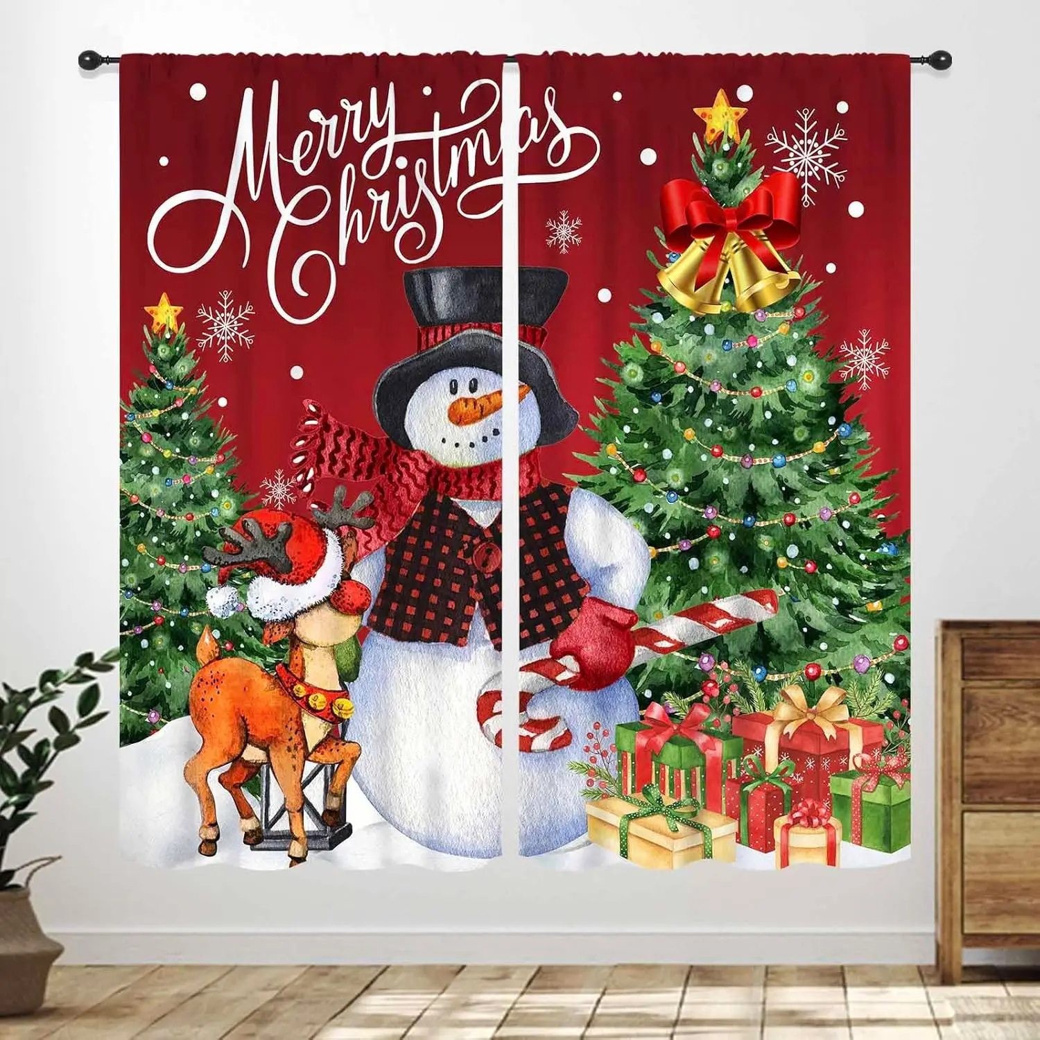 Red Christmas Curtains,Winter Snowman Snowflake Xmas Green Pine Trees Branches Snow Happy New Year Printed Bedroom Living Room