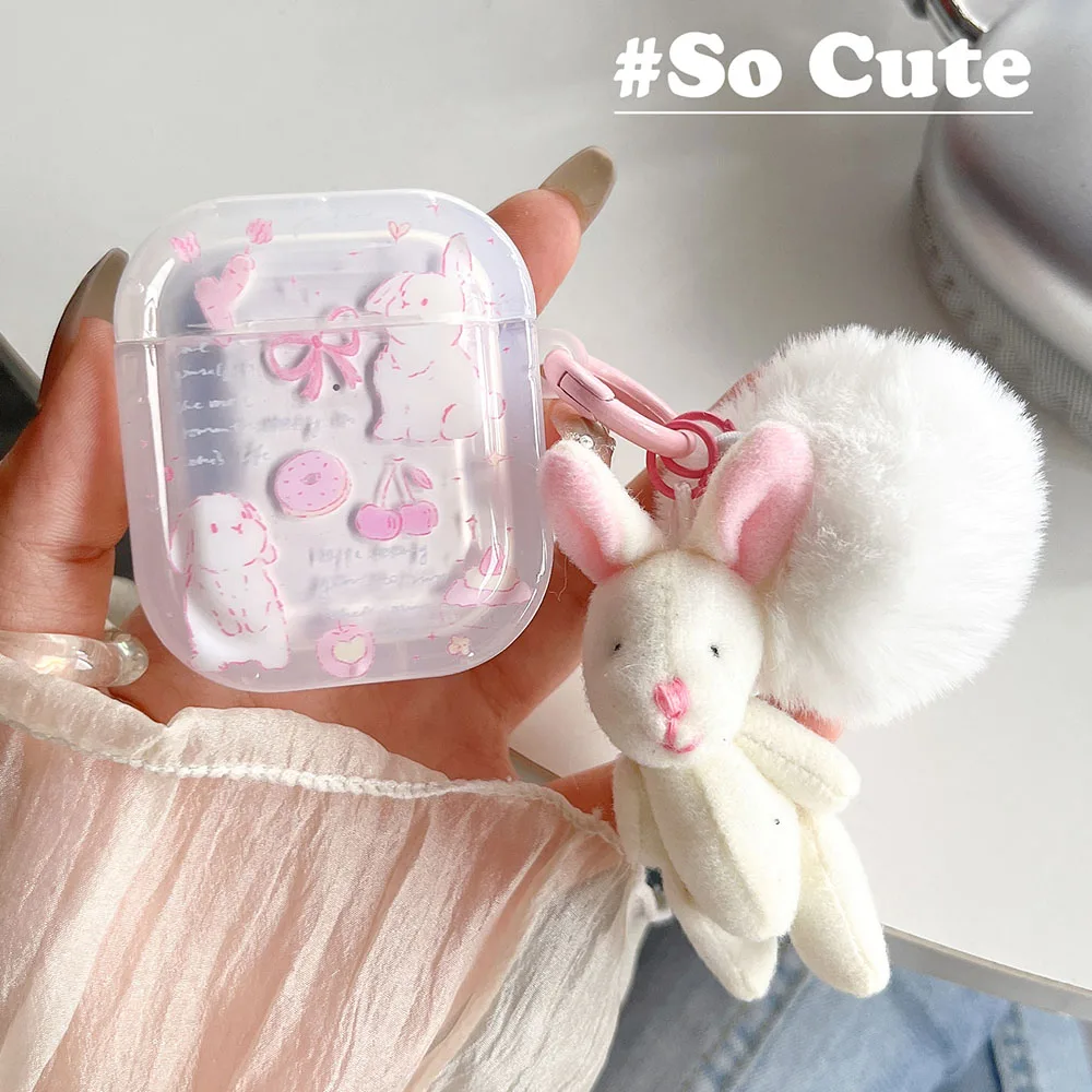 Pink Bunny Cherry Bowknot Case For AirPods 3 Pro2 Hairball Rabbit Pendant Earphone Case for AirPod 2 Pro Case Soft Cover Keyring