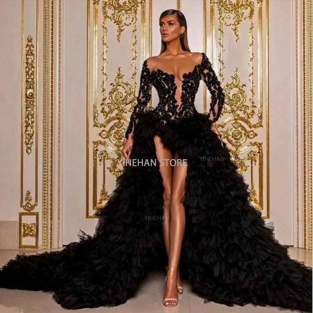 

Customized Black Beaded Prom Dresses Sheer Sequined Side Split Long Sleeves Evening Gowns Tiered Sweep Train Tulle Formal Gown