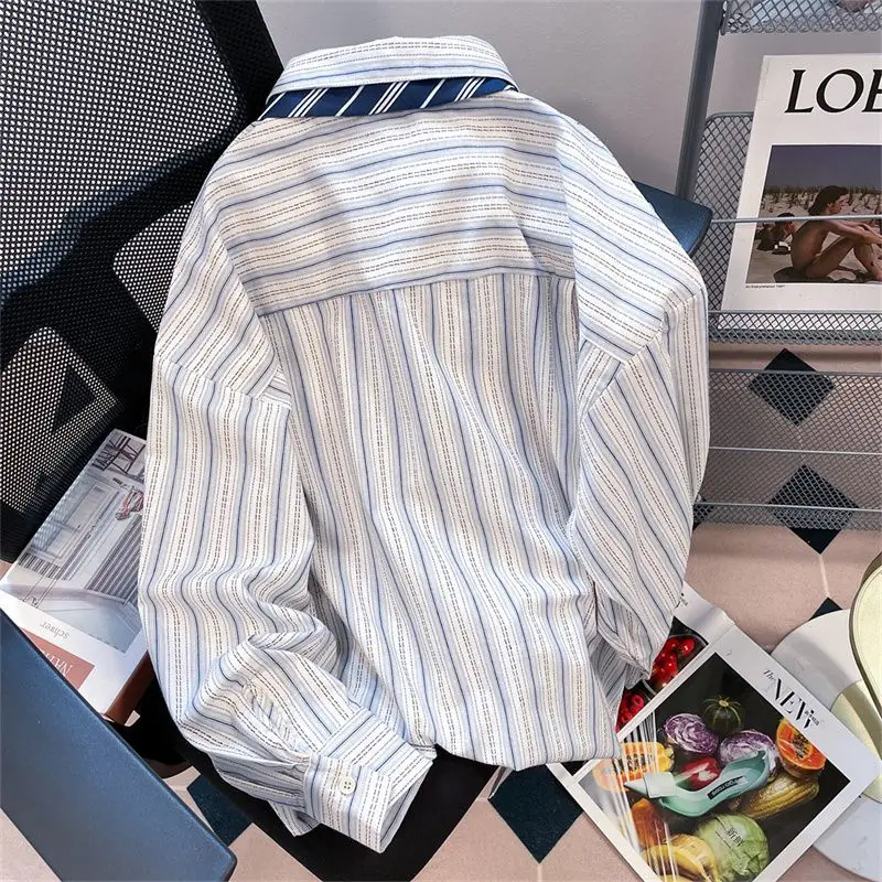 2023 New Spring and Autumn Fashion Loose Relaxed College Style Tie High Grade American Retro Art Stripe Men's Simple Shirt