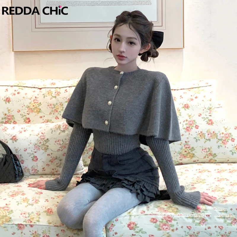 

REDDACHiC 3-х предметная верхняя юбка с шалью, женский комплект, модный серый плащ на пуговицах, вязаный свитер, мини-юбка с рюшами по подолу, новая зимняя одежда