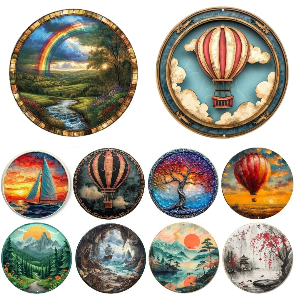 Hot Air Balloon Nature Theme Round Metal Aluminum Sign Desktop Decorative Plates for Bar Cafe Club Yard Home Office Wall Decor