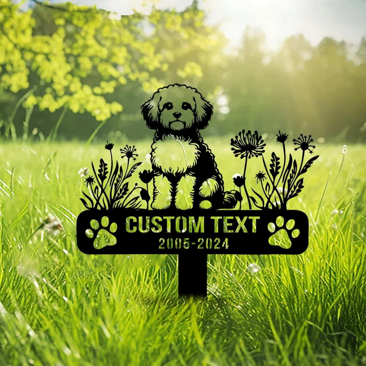 Custom Designed Dog Stake Metal Sign for Maltipoos. Personalize This Outdoor Stake To Adorn Your Animal Garden in Loving Memory.