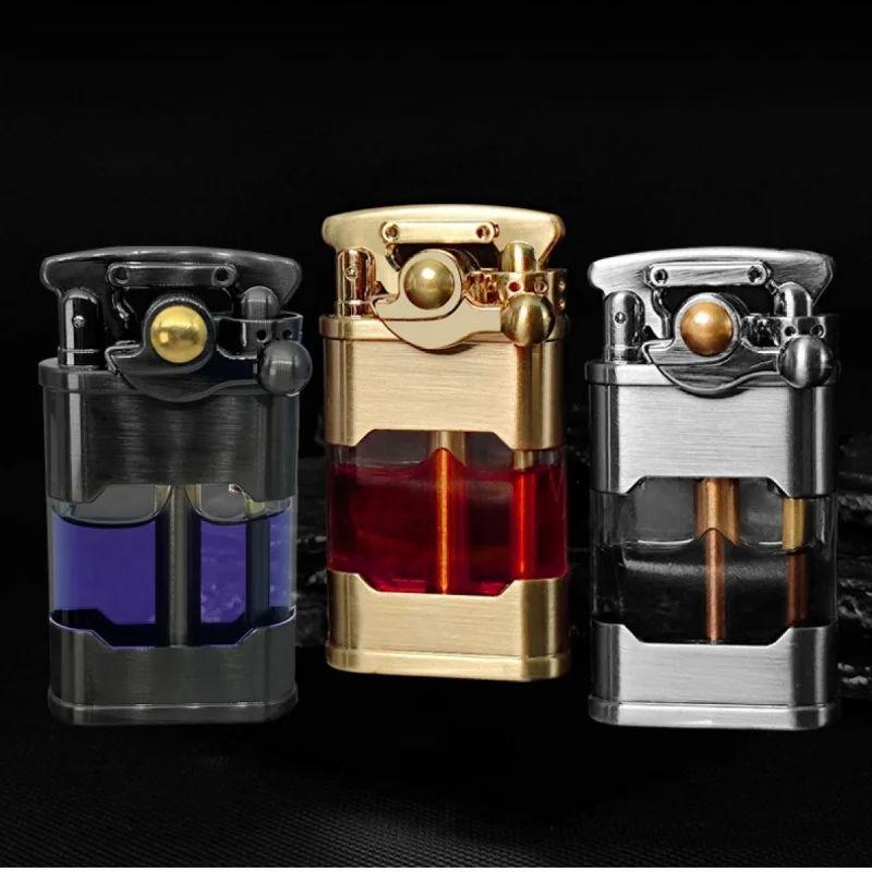 

Прохладная старая винтажная турбо-зажигалка, металлический коромысло в стиле ретро, прозрачный масляный бак, для выживания на открытом воздухе, курильщики (без топлива)