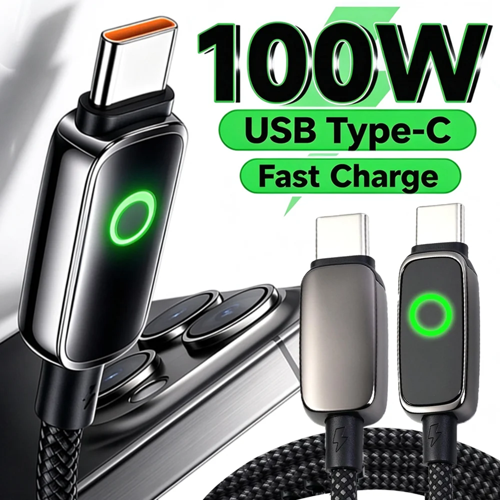 100W USB Type C Fast Charging Data Cable LED Light Braided Cord Type-C To Type-C for IPhone Samsung Xiaomi Phone Laptop 1/1.5/2m