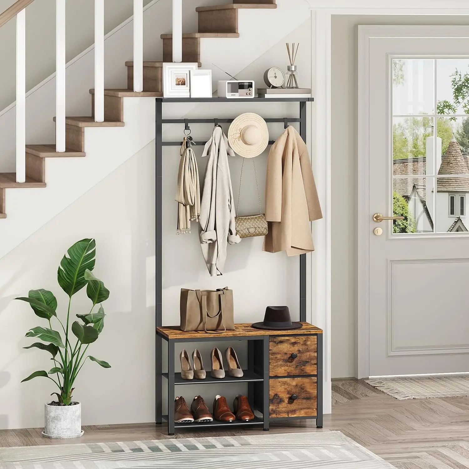 5-in-1 Hall Tree with Drawers, Industrial Entryway Bench, Adjustable Coat Rack & Shoe Storage, Rustic Brown Black MT06BR