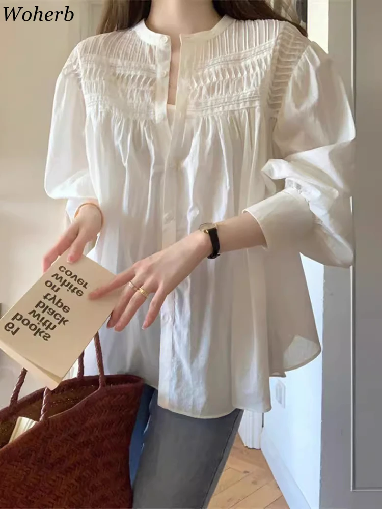 Chic Pleated Loose Blouses for Women Temperament Puff Sleeve Shirts 2024 Blusas Mujer De Moda Fashion Button Korean Blouse Tops