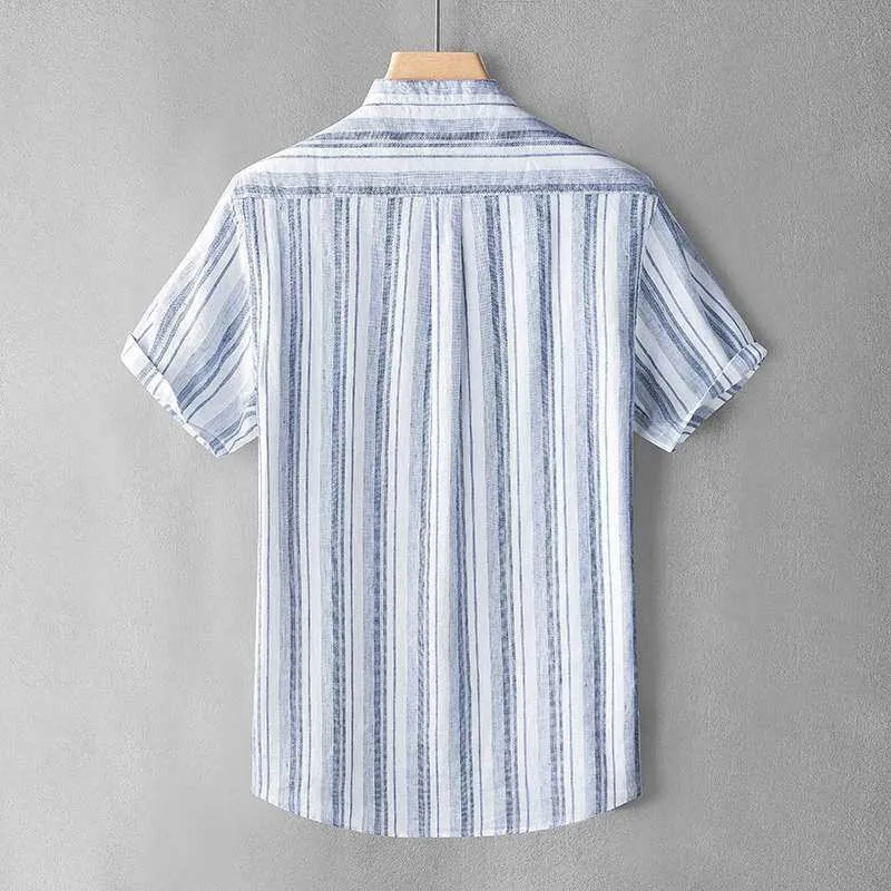 

Yarndyed Linen Vintage Stand Collar Short Sve Shirt Men's Modern Style Stripe Pattern Thin Summer Casual Shirt for Men