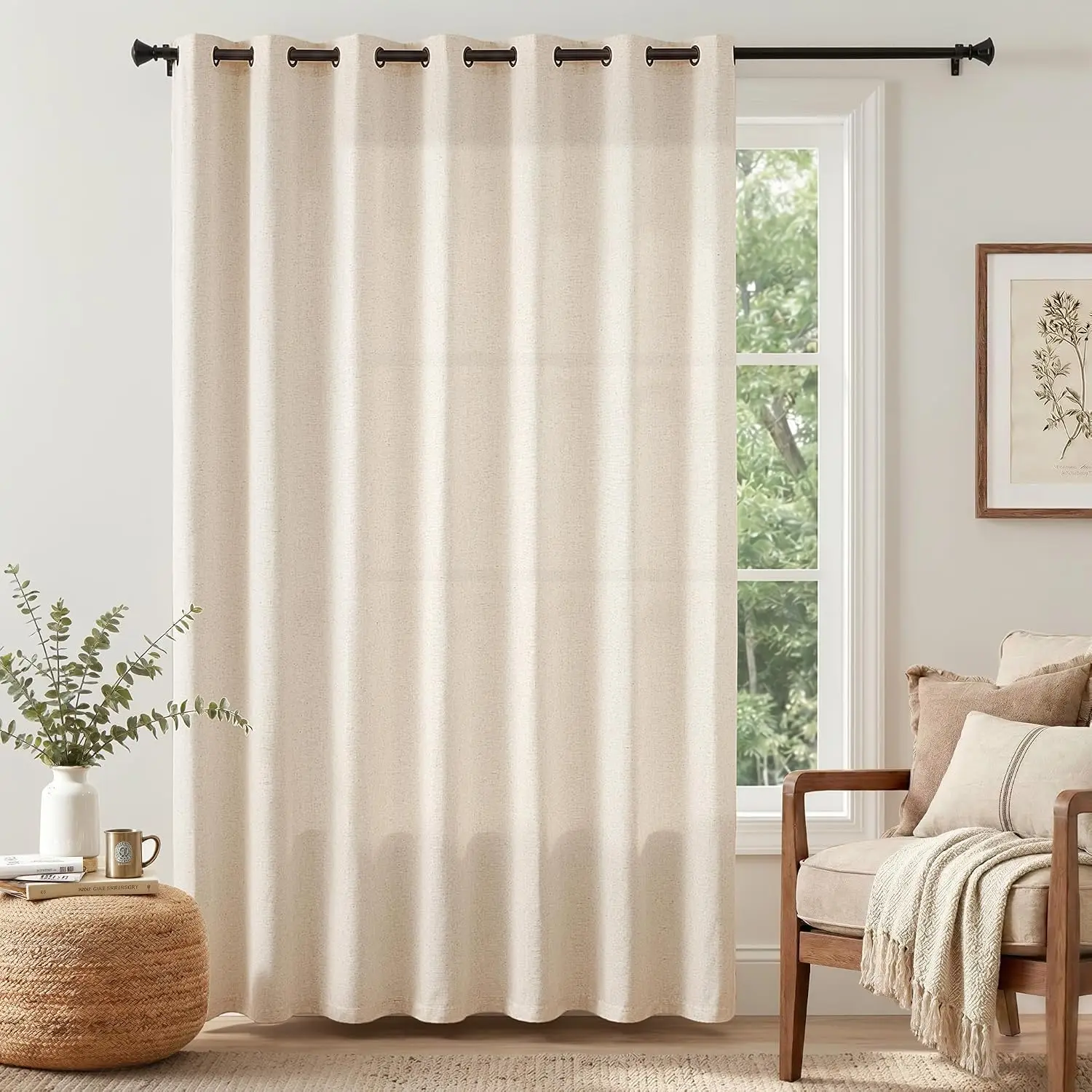 Natural-Beige Single-Panel Extra-Wide Linen Sheer Curtain, 100 × 84 Inches, Grommet-Top Floor-To-Ceiling Light-Filtering Drape, Coastal Style for Sliding Doors & Sunrooms
