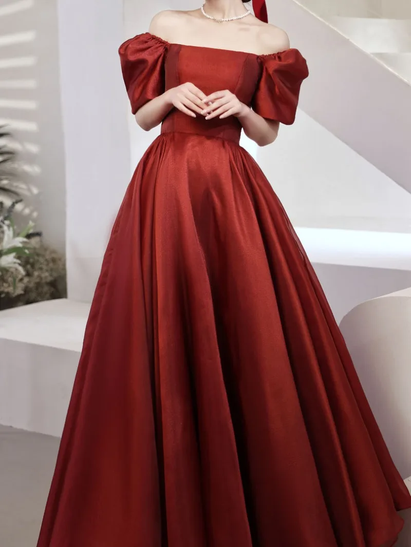 CustomizedElegant Burgundy Square Collar Homecoming Dresses Puff Sleeves Slim Waist Formal Occasion Dress Solid A-line Vestido F